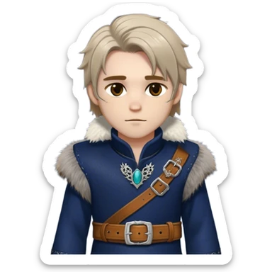 Medieval winter outfit worn by a DnD themed fantasy male character. Midnight blue felted wool tunic with silver fox fur collar, embellished with ornate metal clasps and a thick leather belt with decorative stitching. Clothes only above the waist, full waist coverage. The character has no arms. Character is white-skinned with honey brown hair, amber eyes, and shoulder-length straight hair with winter-weathered ends. sticker