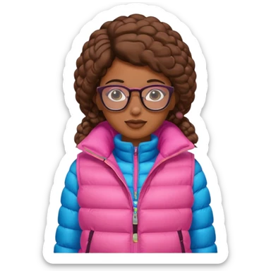 brown skin woman with glasses pink puffer vest sticker