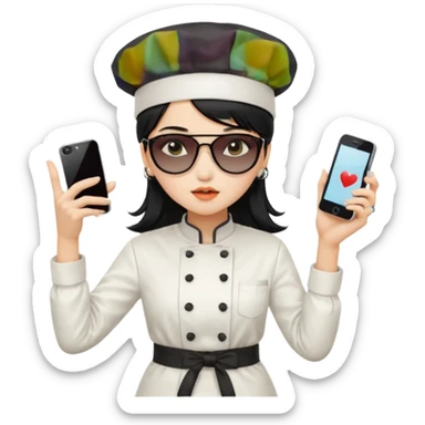 ["A sad woman with light skin, straight hair, wearing a chef hat and sunglasses, dressed in K-pop fashion, is dancing while holding a phone."] sticker