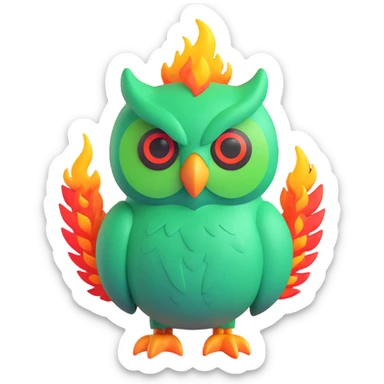 Duolingo green owl mascot with fire flames sticker