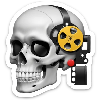 Minimalist emoji-style sticker of a human skull in profile, with a film reel replacing the brain. Grayscale icon with bold silhouette.
 sticker