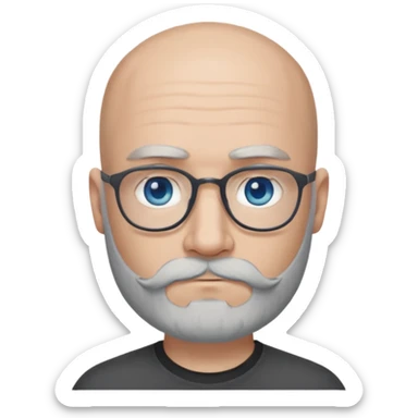 Bald man with blue eyes grey beard and moustache. Hipster. No glasses. Black T-shirt  sticker