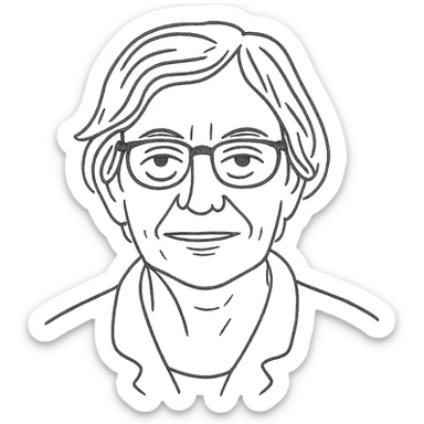 a hand drawn black outline portrait of philosopher Catherine Larrère with similar-sized eyes based a famous portrait of her sticker