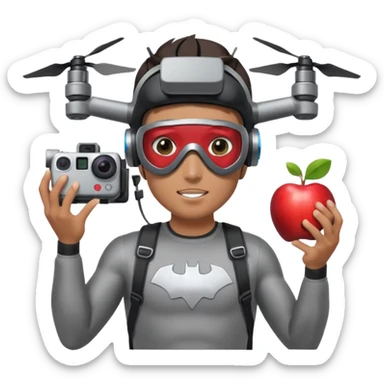 Super hero photographe, gopro sur la tête, masque ce fpv  (style Apple vision) sur les yeux. Un drone à côté de lui. Il tiens un appareil photo reflex. sticker
