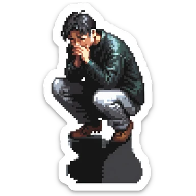 sad Asian man kneeling and crying in a rainy street, no background clutter sticker