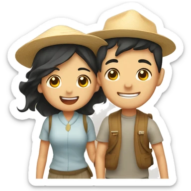 Cute Asian couple excitedly traveling  sticker