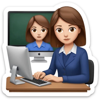 Uma mulher de cabelo cstanho que é professora um pouco brava não usa óculos e está a trabalhar ao computador sticker