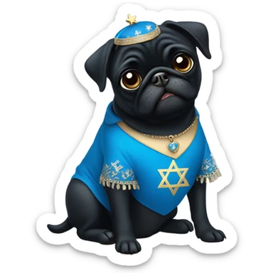 Black pug in a blue dress with a Jewish star on the dress sticker