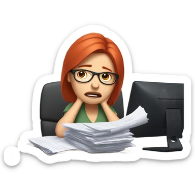 red hair woman wearing glasses crying frustrated desk monitor stack paper sticker