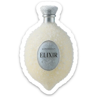 prabangus eliksyro buteliukas, šaldytos citrinos forma, šviesiai geltona, dar daugiau šerkšno ir žėrinčių efektų, sidabrinės ir holografinės detalės, labai mažas kaklelis, vientisas dugnas, buteliukas plūduriuoja ore, be pagrindo ar šešėlio, modernus, kolekcijai tinkamas, skaidrus fonas sticker