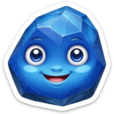 A single chubby gemstone rock character, bright sapphire blue, very rock-like with chunky irregular facets and a slightly rough stone texture, big glossy eyes and a happy smile sticker