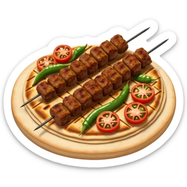 Adana kebab object icon, spicy grilled minced meat skewer, served on flatbread, grilled tomatoes and green peppers on the side, smoky char marks, juicy texture, 3D cartoon, mobile game icon style, centered, clean background, no text, no watermark
 sticker