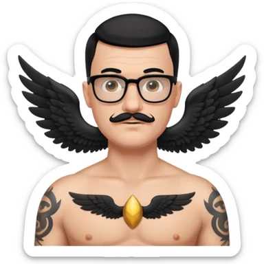 pumped up white male, glasses, buzz cut black hair, handlebar mustache black, two wings tattooed on his chest sticker
