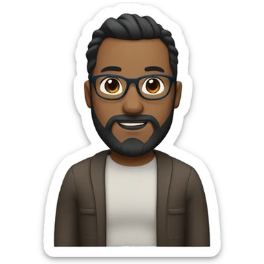 high Man bun with dark brown hair. Full beard, blue glasses, brown eyes. Blue glasses. Head is narrower above the cheeks sticker