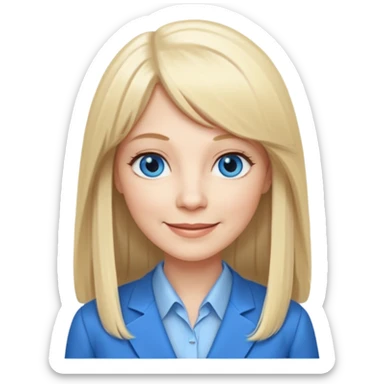 450 yr old white woman, pale skin, long straight blond hair parted in center, blue eyes, bangs, clothes for office sticker