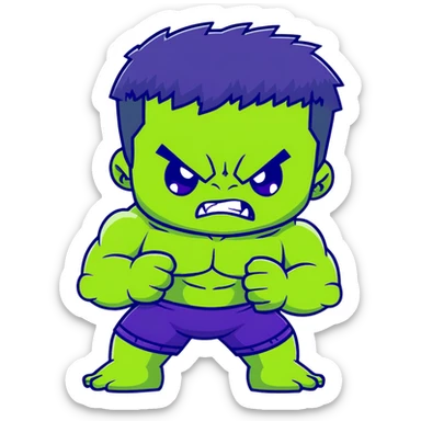 Chibi Hulk, cute small proportions, big head, tiny body, adorable angry expression, green skin, purple shorts sticker