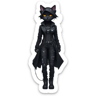 Gorgeous dark techwear cyberpunk style sona anthro cat, aesthetic, and pretty edgy black with collar and harness, trending style sticker