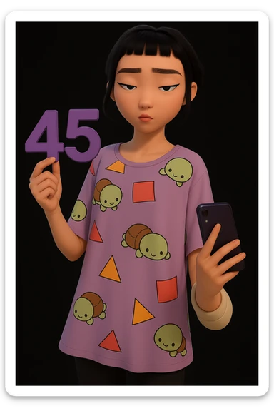 Make the character hold the number 45 in their left hand, keeping the original style and pose. Only add the number 45, do not change anything else. sticker