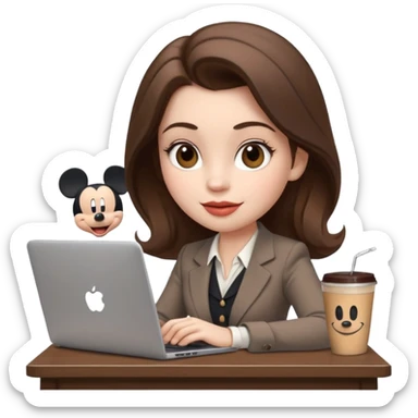 Women in front of one laptop that has a Mickey sticker on it, with a happy face, face fuller, lips plump, full eyebrows, dirty brown hair, light brown big eyes, light pale skin with a iced coffee on the side, business attire, who is typing sticker