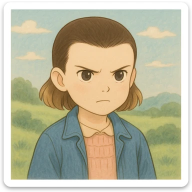 Eleven from Stranger Things with a determined expression, simple and delicate line art as in the reference drawing, colored in pastel tones, in Ghibli style, square 1:1 format. sticker
