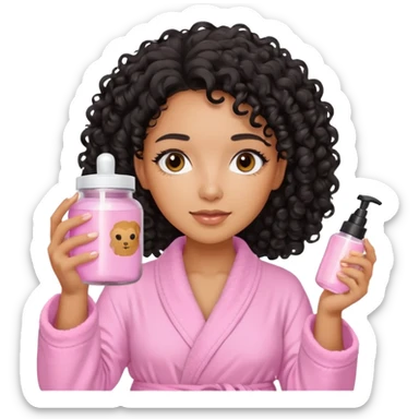 Mixed-race woman with caramel skin, black curly hair, wearing a pastel pink bathrobe, holding a skincare jar sticker