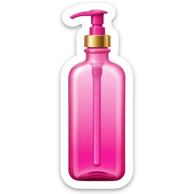A tall, translucent bottle in a vibrant pink shade with a glossy finish. It has a rectangular shape with rounded edges and a thick base. The pump-style cap is metallic pink. In the center, there are curved graphic elements and vertical lines, with text in white and gold. sticker