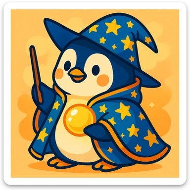 a chubby penguin wizard with a starry cloak and a glowing orb, in a soft, friendly illustration style, vibrant toon sticker