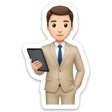 A flat-style illustration of a business executive confidently, holding a digital tablet or folder. The character wears smart business attire, clean cartoon style, white background, iOS emoji aesthetic. sticker