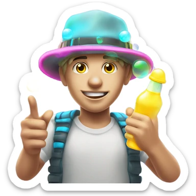 Caucasian boy at rave wearing a glowing outfit and hat with bubble guns in each hand sticker