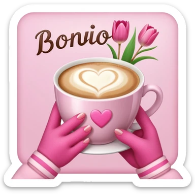 A cozy scene featuring a cup of cappuccino with the word “Bonjour” written on it, adorned with pink tulips, and held by hands wearing pink sleeves. The scene is decorated with pink hearts and candy canes. sticker