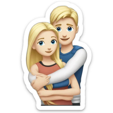 blond white girl with blue eyes hug white boy with black hair with pony-tail sticker