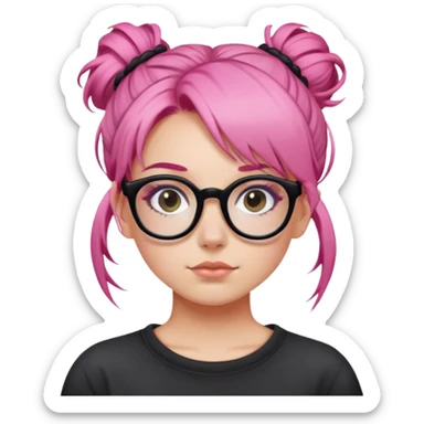 Girl with pink hair in a messy bun and black glasses sticker