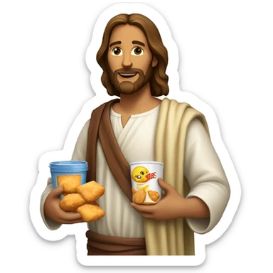 Jesus holding a container of chicken nuggets and lemonade sticker