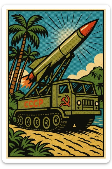 Soviet missile launcher with a missile on board located on a tropical island sticker
