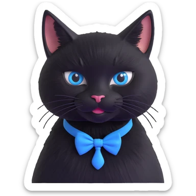 black cat with a blue bowtie collar, 3D cartoon style, semi-realistic fur texture, shiny eyes sticker