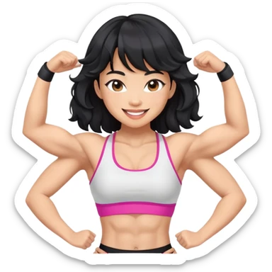 Asian women with muscle on arms and abs. Black hair, wavy, bangs, light skin, flirty smiles, sports bra sticker
