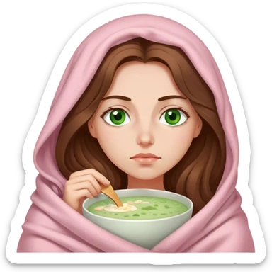 woman with very long brown hair and green eyes in a light pink blanket sleepy with porridge sticker