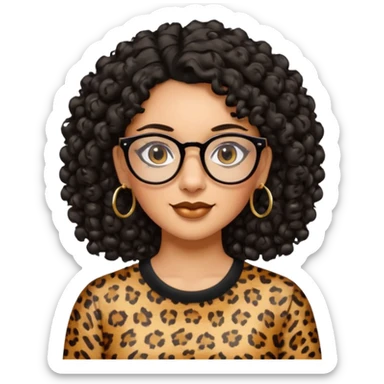 A women who wears glasses with a black curly hair, in a leopard print shirt, hoop earrings   sticker