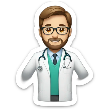 white doctor with short brown hair, big forehead, glasses and beard sticker
