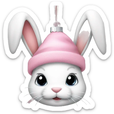 Cute bunny with long ears hanging down. A light pink Christmas hat. And holding a Christmas ornament  sticker