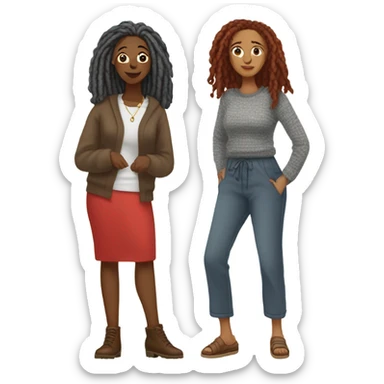 One woman with gray locs wearing pants , other woman is brown with red locs in a knee-length dress with a cozy sweater, shopping in yardsale sticker