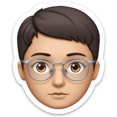 personagem com corte de cabelo Wolf cut curto, cabelo castanho escuro, olho castanho escuro, sombrancelha castanho escuro, óculos sem aro prata quadrado. sticker