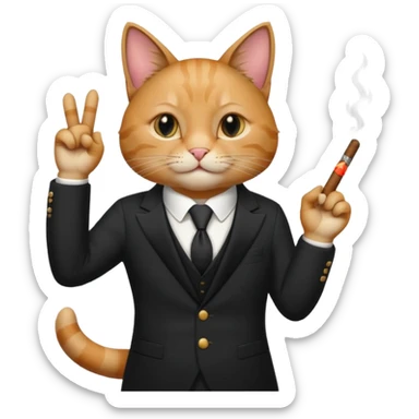 A cat in the black suite with a cigar in a paw with the other paw in the "classic" hand gesture with a "classic" face. sticker