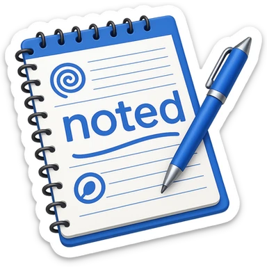 Add the word 'noted' in a clear, simple font integrated with the apple style emoji. Keep the apple emoji style look and ensure no background (transparent). sticker