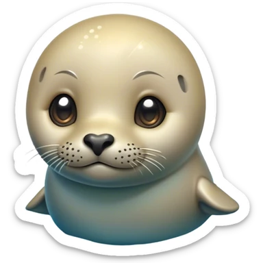 Cinematic Cute Seal Portrait Emoji, Head tilted playfully and inquisitively, with a shiny, smooth body accented by a subtle blush and round, sparkling eyes, Simplified yet irresistibly adorable features, highly detailed, glowing with a warm, friendly aquatic glow, high shine, affectionate and lively, stylized with a touch of endearing charm, soft glowing outline, capturing the essence of a mischievous marine friend that feels like it could pop out of the screen into your arms! sticker