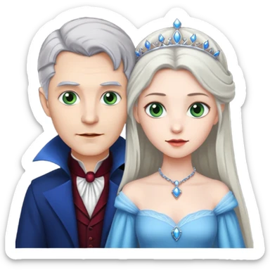 A vampire man with gray hair and blue eyes and a princess with light brown hair and green eyes sticker