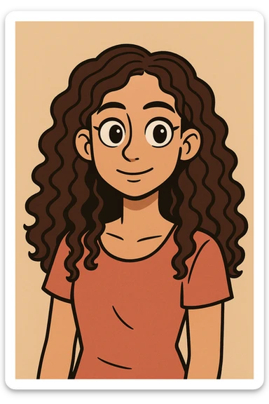portrait of a girl with long curly brown hair type 3a and dark brown eyes, soft anime style sticker