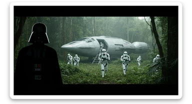 cinematic still, Medium shot, amazon jungle, Darth Vader around stormtroopers coming out from starship on ground, they are exploring the jungle, inspired by StarWars movie, captured by arri alexa sticker