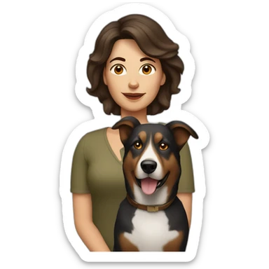 middle aged brunette woman with medium hair and shepard dog sticker