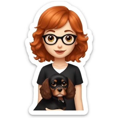 Auburn red-haired girl with bangs and short hair and black glasses and black clothes presenting a Blenheim Cavalier puppy sticker